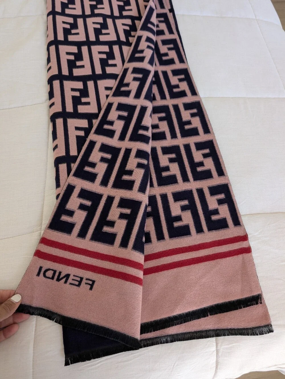 Fendi Pink and Black FF Monogram Throw with Red Stripe